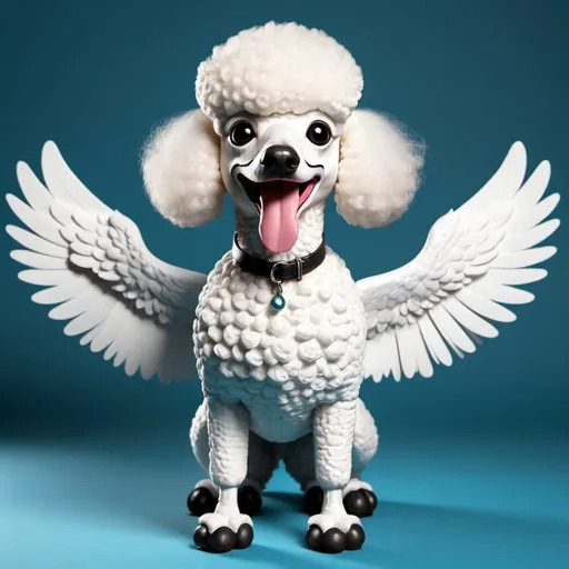 Prompt: Create a poodle with kookaburra wings and beak