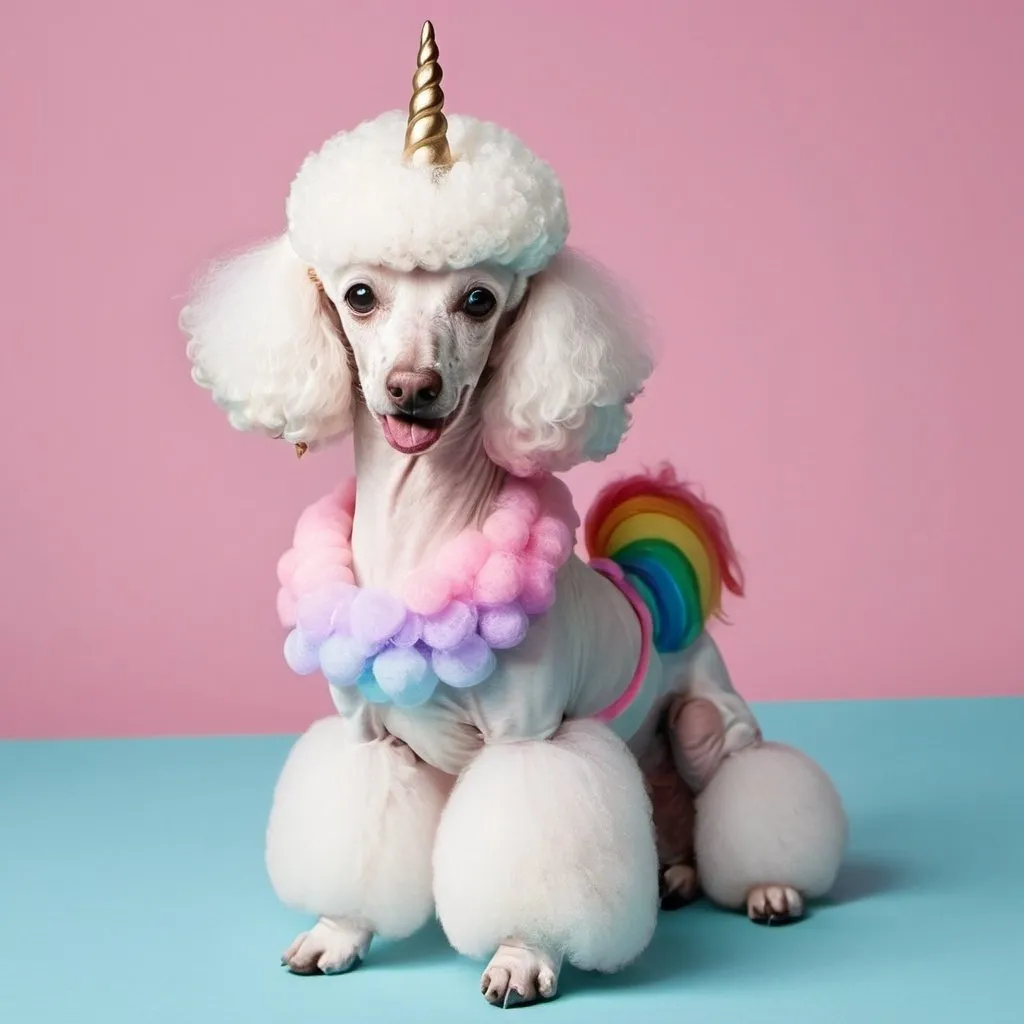 Prompt: Create a poodle with unicorn horn