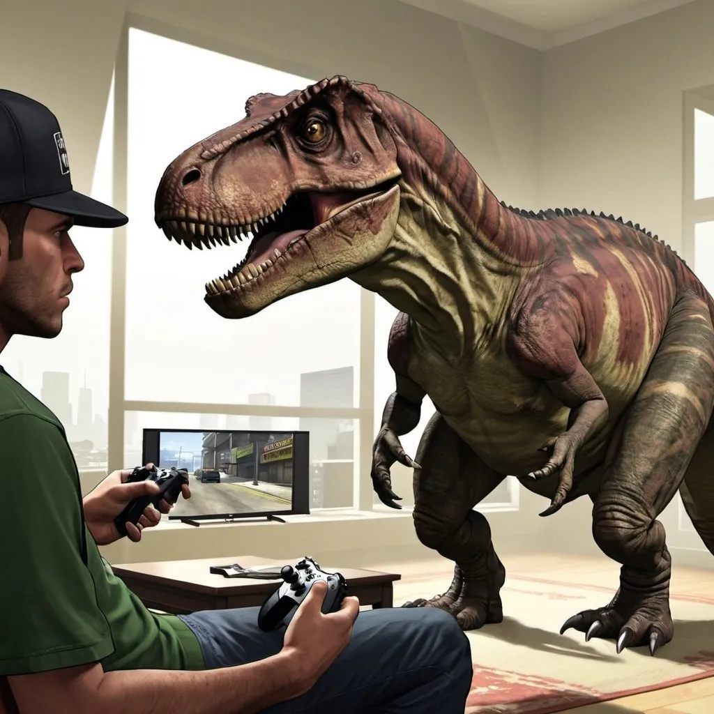 Prompt: Tyranosaurus Rex playing Grand Theft Auto on XBox