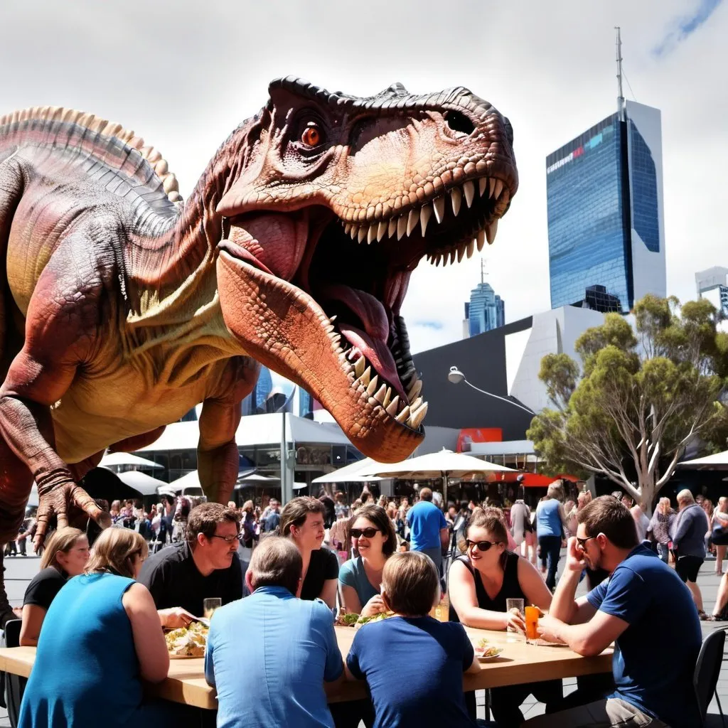 Prompt: Photograph of dinosaur eating people at Federation Square