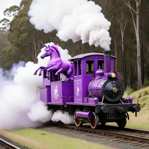 Prompt: Photograph of Purple Unicorns fighting on Puffing Billy train