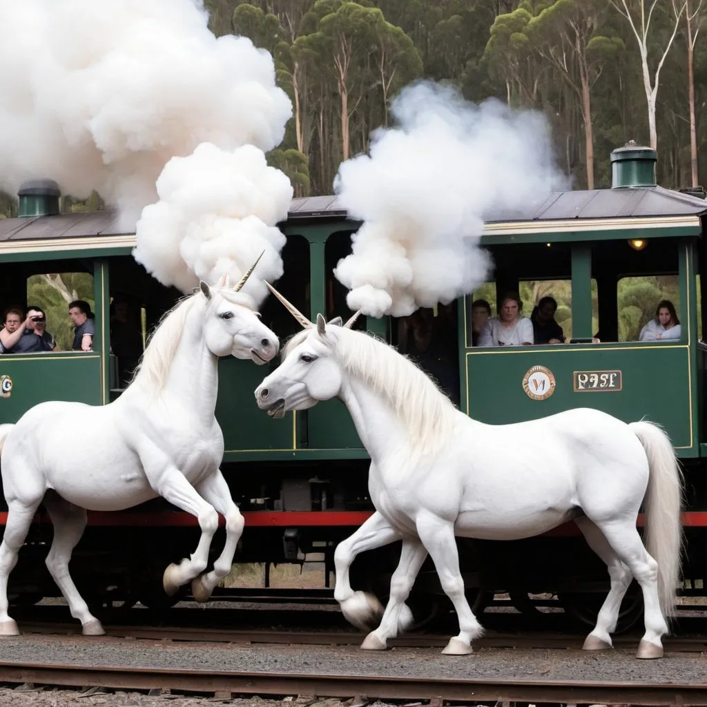 Prompt: Photograph of Unicorns fighting on Puffing Billy train