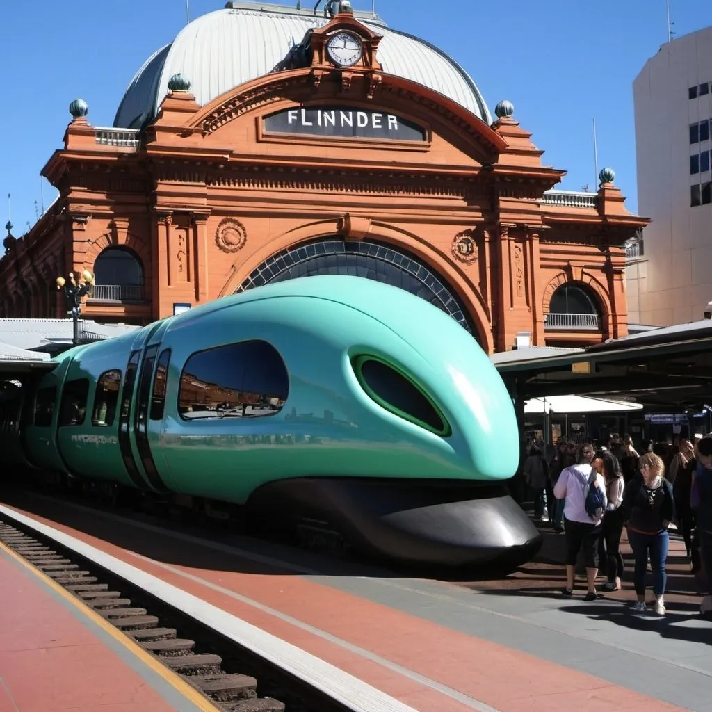 Prompt: Alien train Flinder Street Station