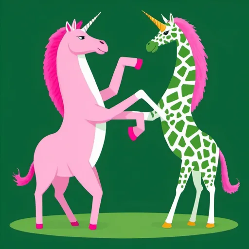 Prompt: Pink unicorn fighting green giraffe