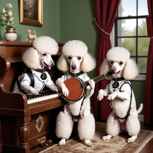 Prompt: Poodles playing the banjo and piano