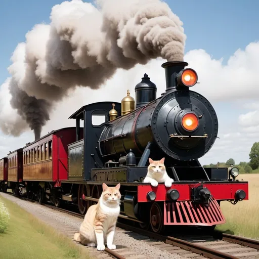 Prompt: Giant cats driving a steam train