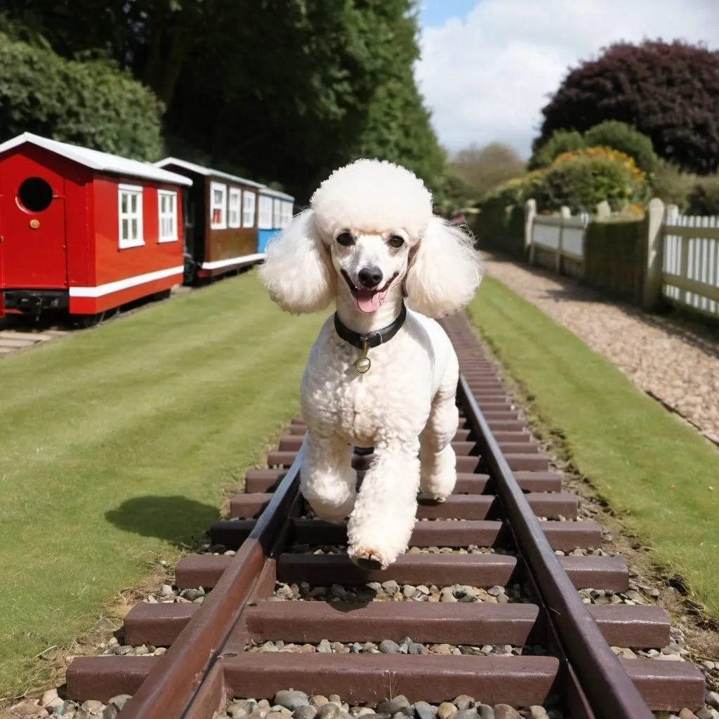 Prompt: Poodle running miniature railway