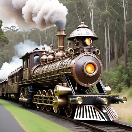 Prompt: Steampunk train locomotive with aliens on Puffing Billy railway