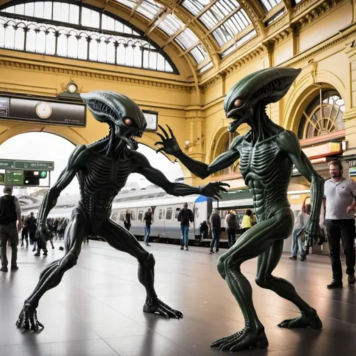 Prompt: Aliens fighting at Flinders Street Railway Station