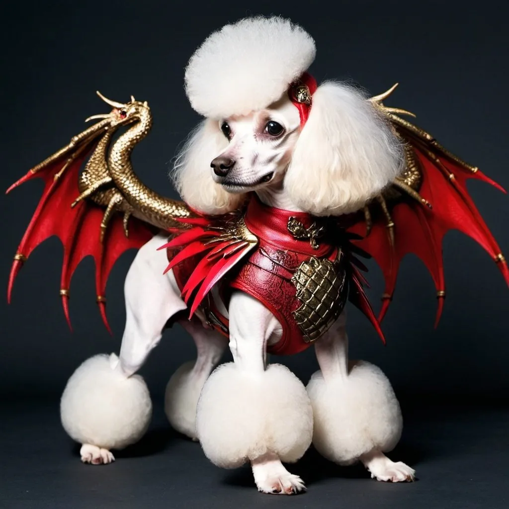 Prompt: Poodle with dragon wings