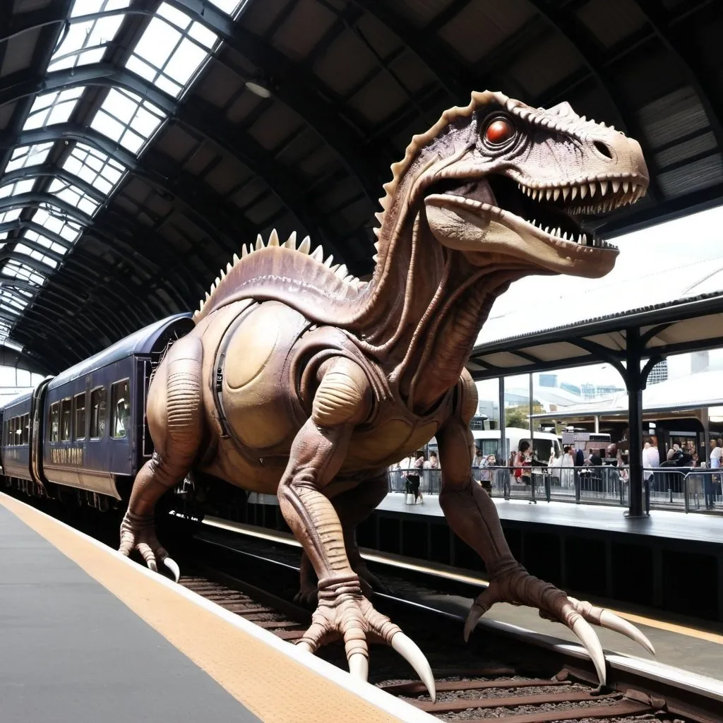 Prompt: Alien  dinosaur steampunk train Southern Cross Station