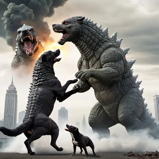 Prompt: Giant dogs fighting Godzilla