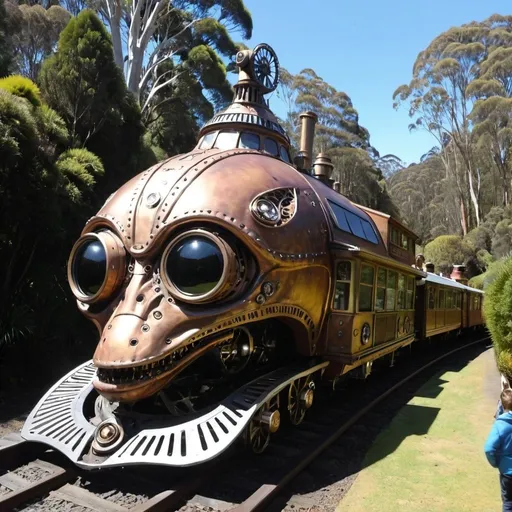 Prompt: Alien Steampunk train Mount Dandenong