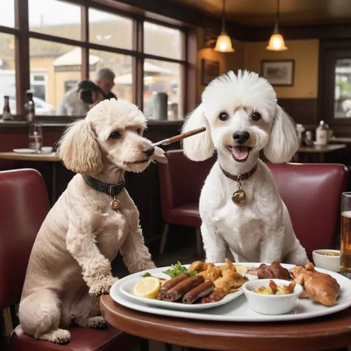 Prompt: One poodle eating fish at a restaurant.  A west highland terrier is cooking behind.
A daschund is smoking a cigar