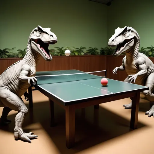 Prompt: Photograph of dinosaurs playing table tennis