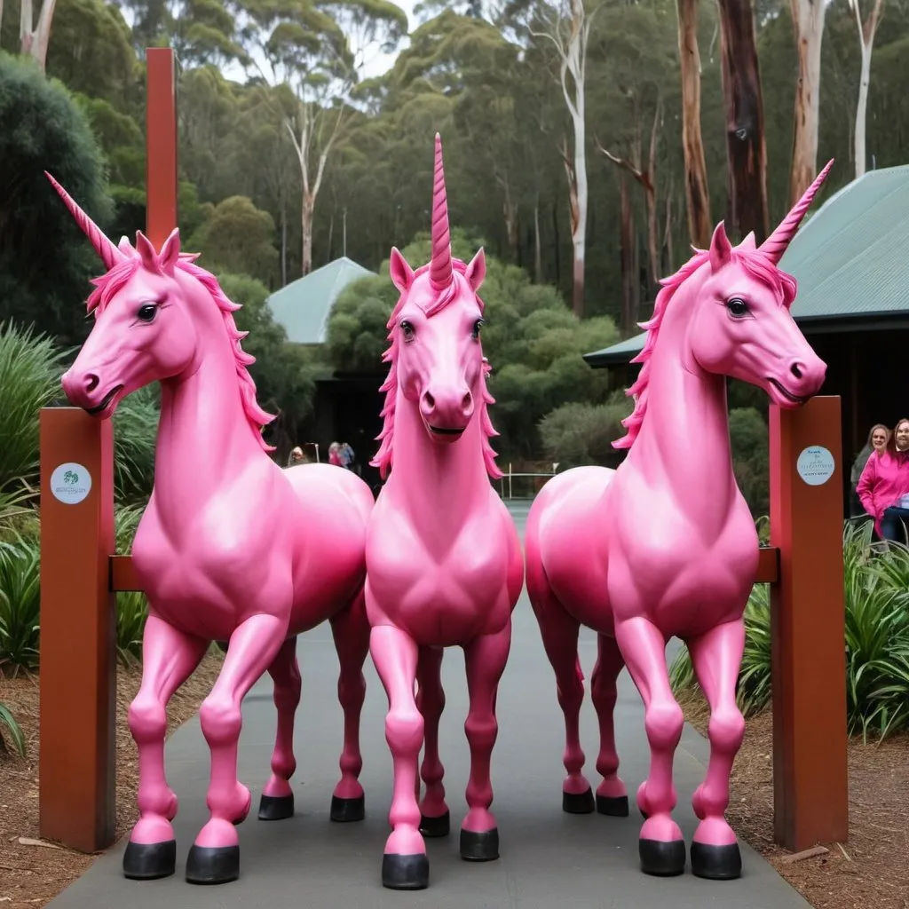 Prompt: Photo of pink unicorns welcoming visitors at Healesville Sanctuary gate
