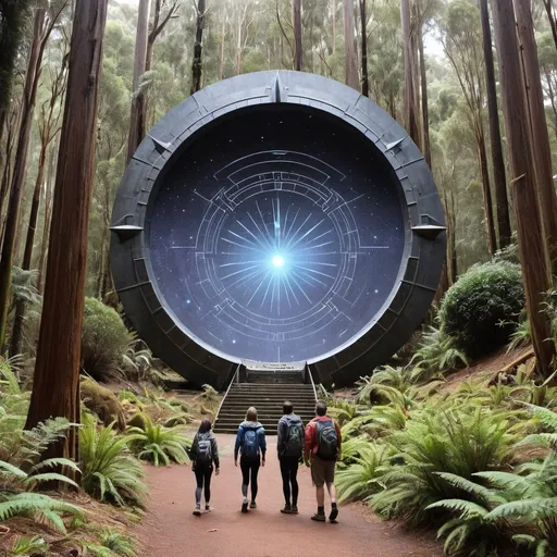 Prompt: Hikers finding a working Stargate in Mount Dandenong with aliens guarding it and space ship coming through it