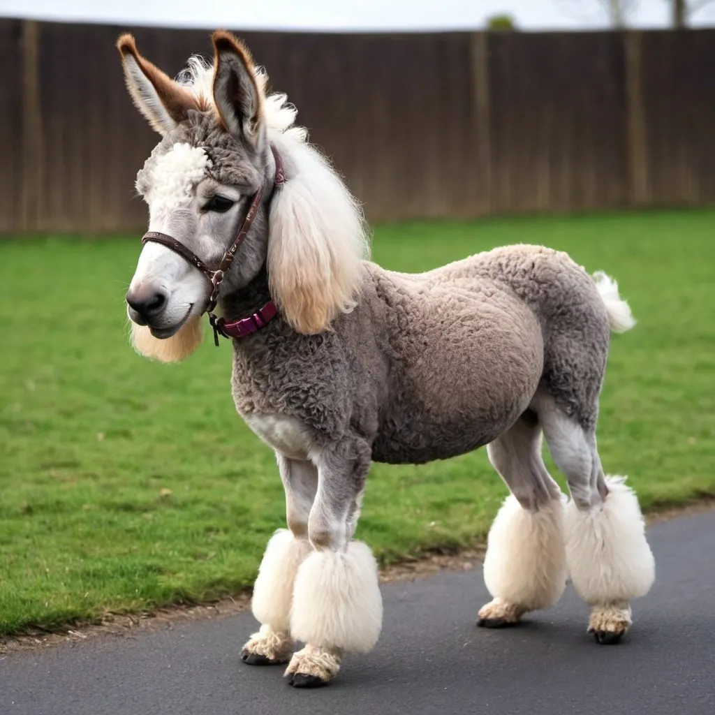 Prompt: donkey crossed with a poodle