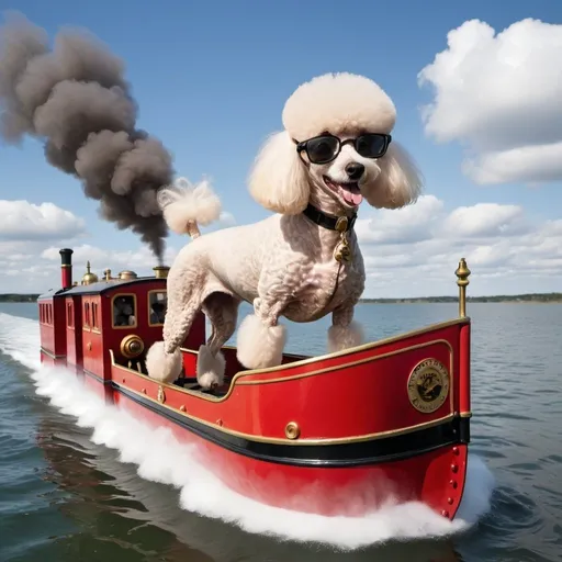 Prompt: Flying poodle steam train boat warship