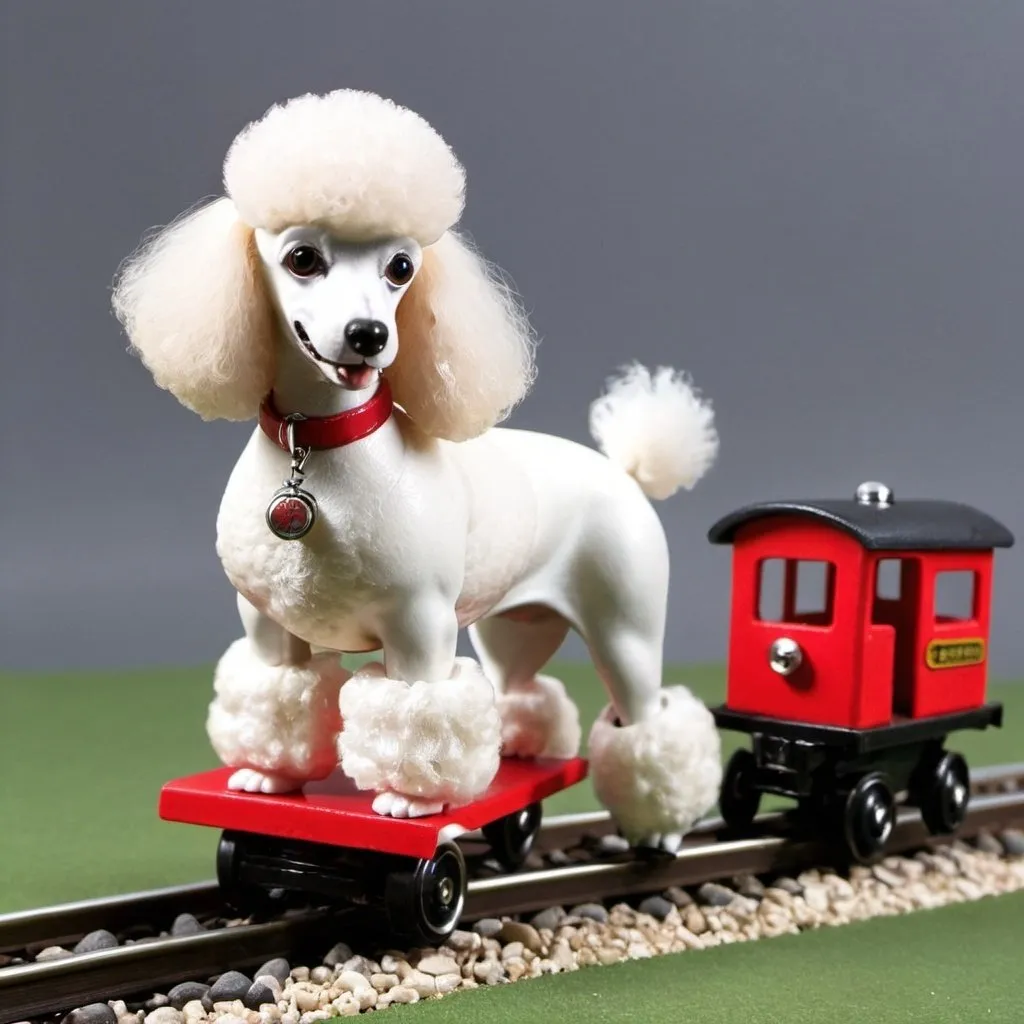 Prompt: Poodle making miniature trains