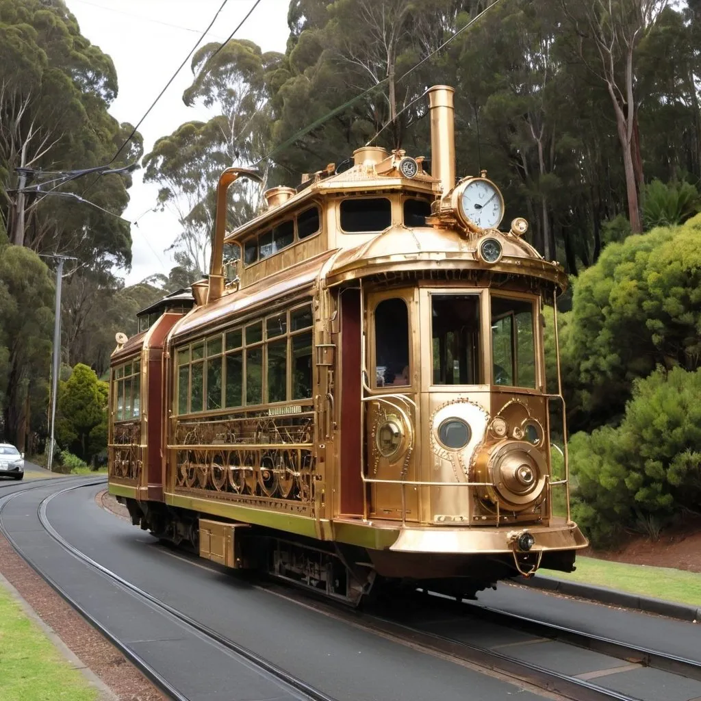 Prompt: Steampunk Tram Mount Dandenong