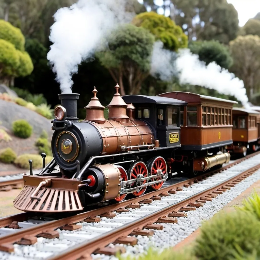 Prompt: Miniature model steampunk railway Mount Dandenong