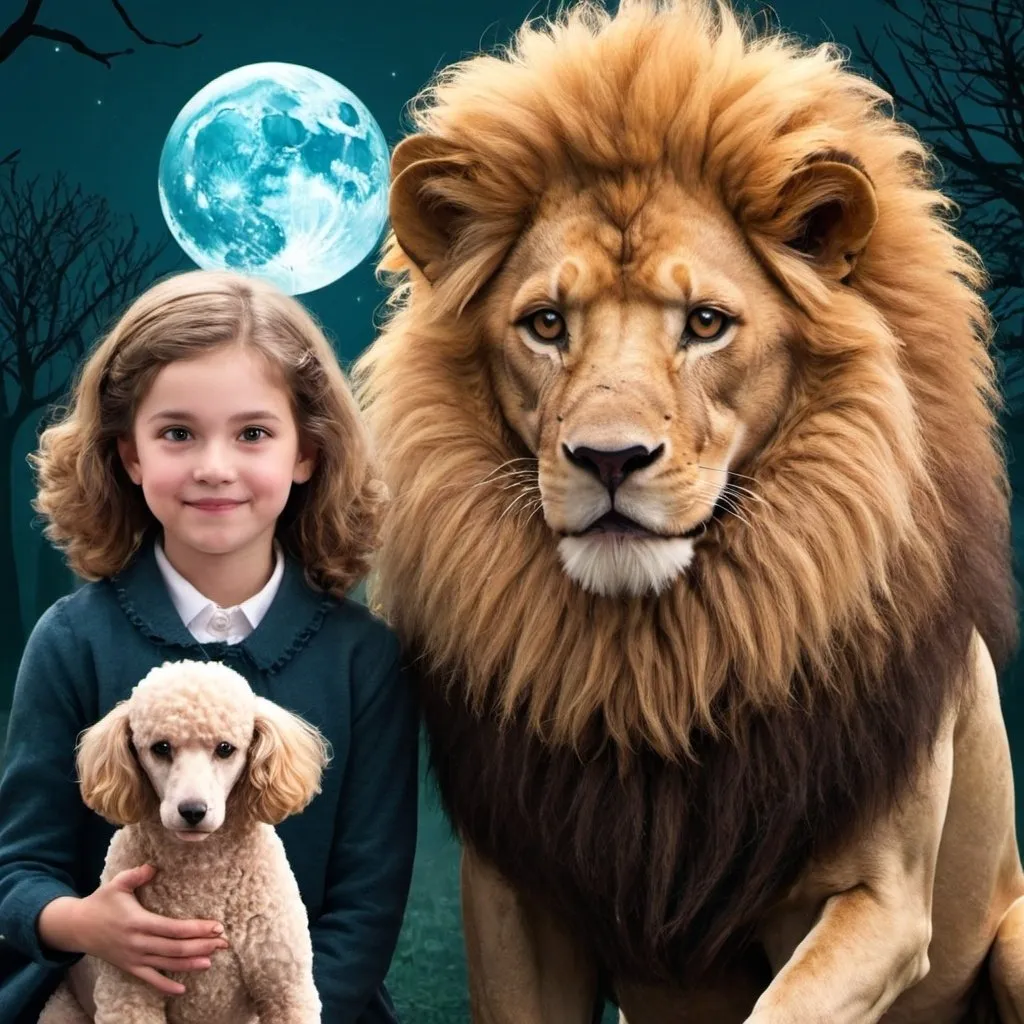 Prompt: create a book cover image for the lion the witch and the poodle