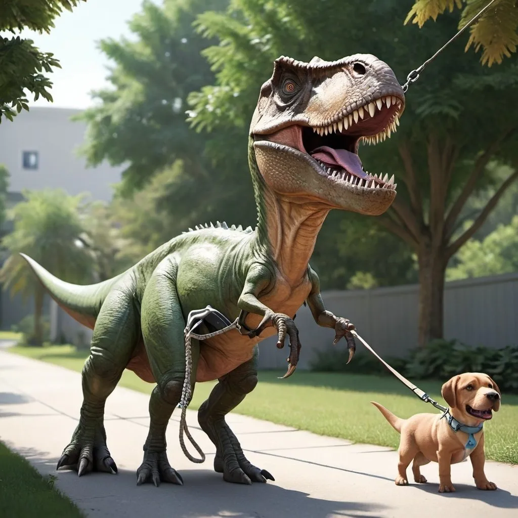 Prompt: A dinosaur taking a dog for a walk on leash