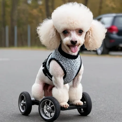 Prompt: Poodle with wheels instead of legs