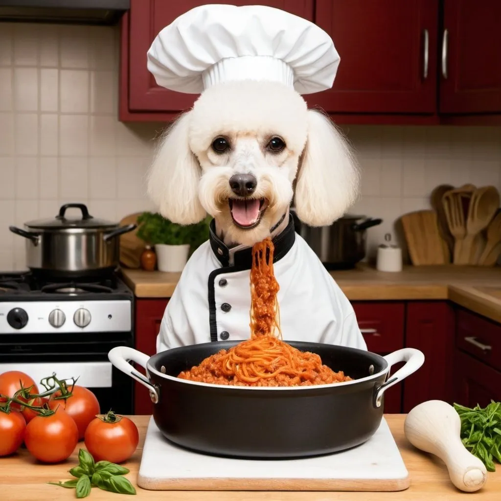 Prompt: Poodles cooking horse bolognese