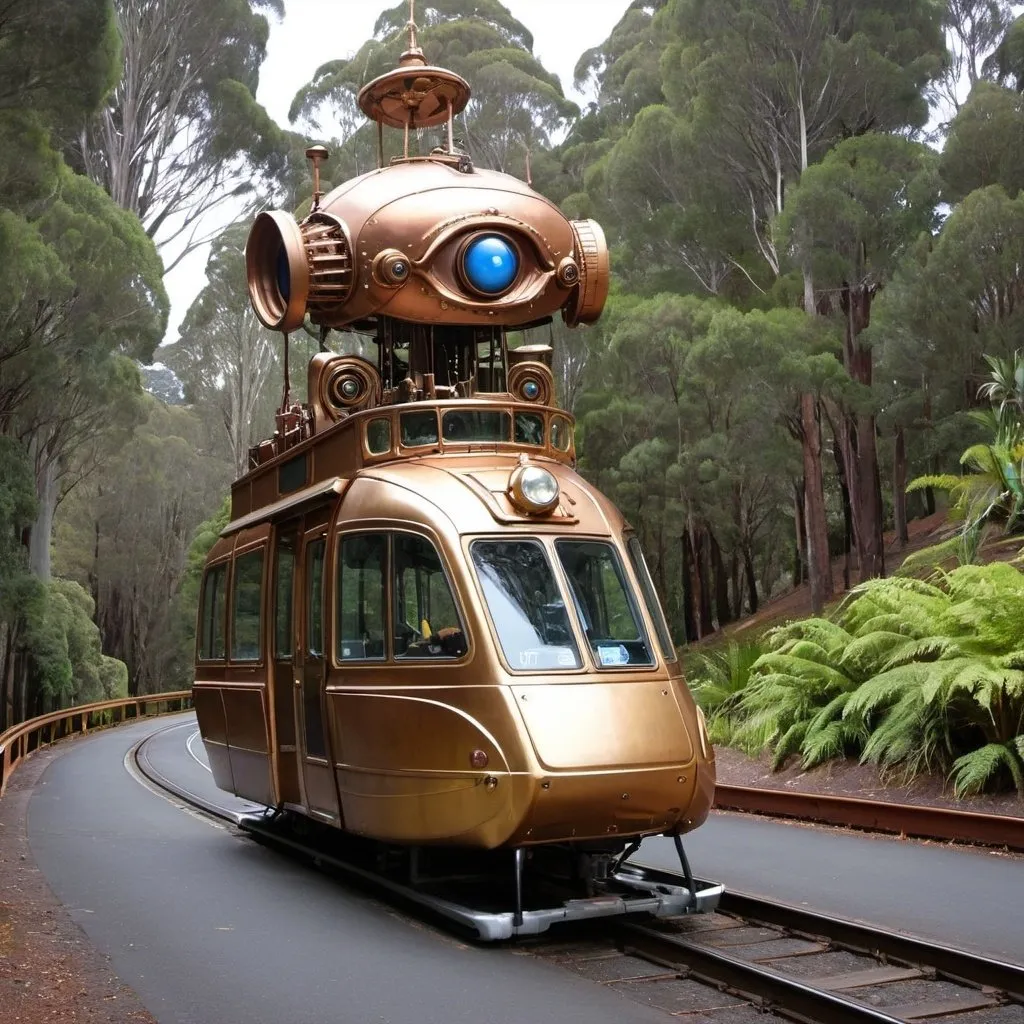 Prompt: Alien Steampunk Tram Mount Dandenong