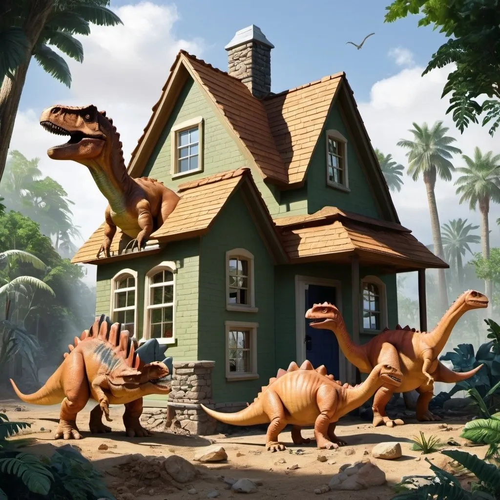 Prompt: Dinosaurs building a house