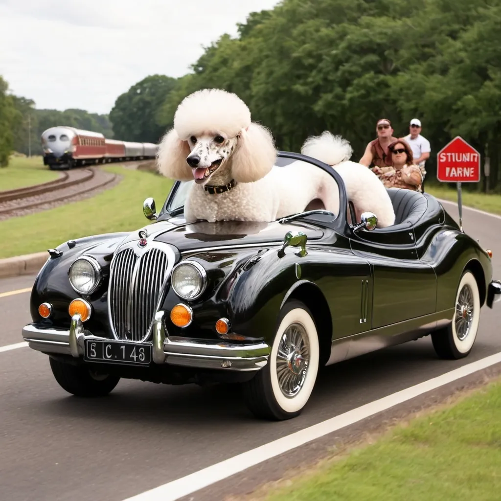 Prompt: Poodle driving a Jaguar train