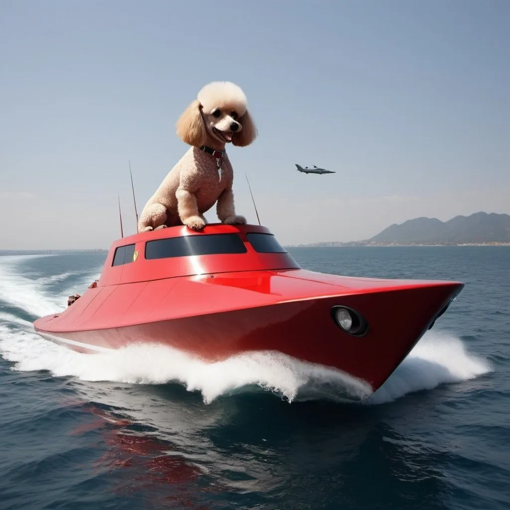 Prompt: Ferrari boat warship poodle dinosaur