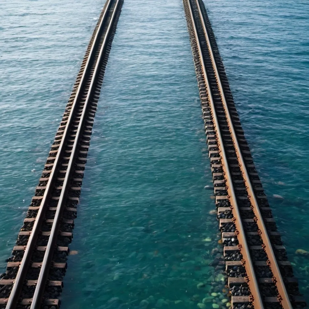 Prompt: Train tracks in the ocean