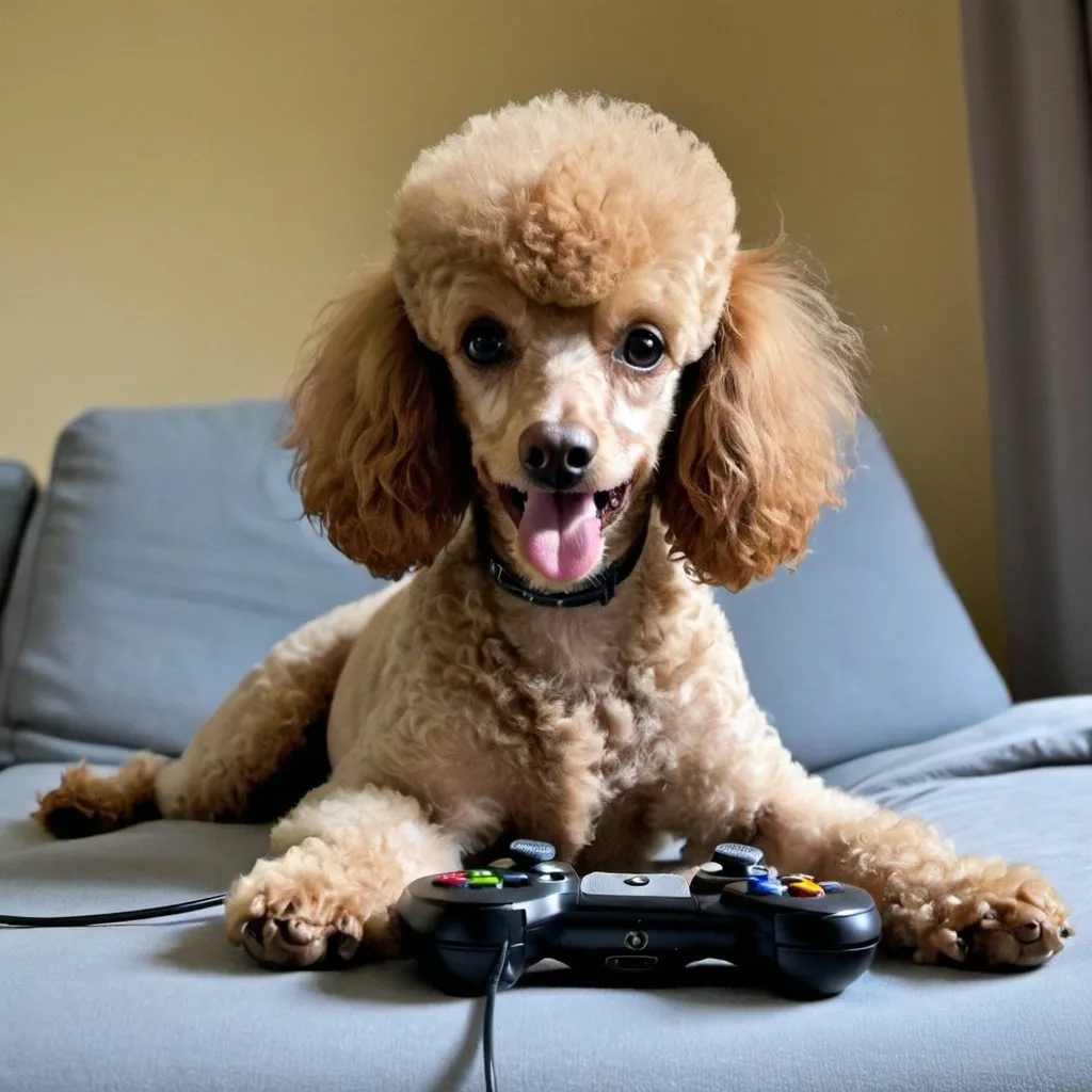 Prompt: Poodle playing xbox