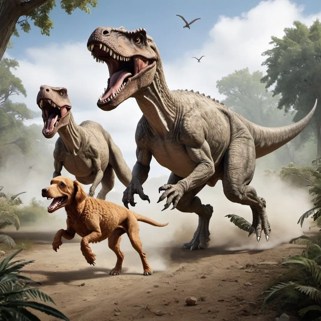 Prompt: Poodles chasing a tyranosaurus rex