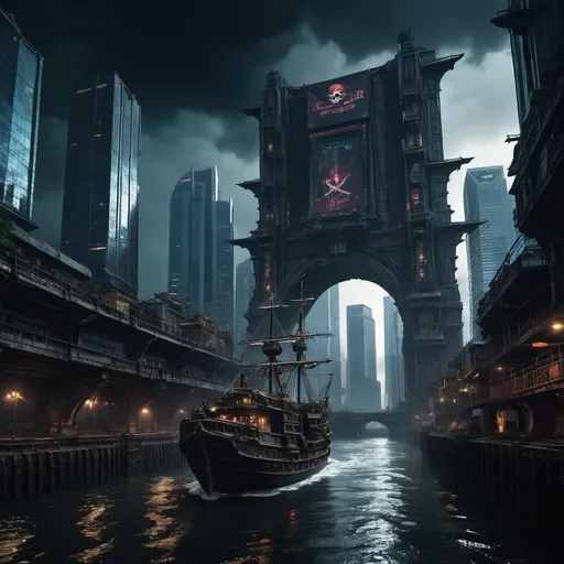 Prompt: a pirate vessel on a dark river slowly crosses an imposing arch, on the banks of the river which continues to flow towards the right, immense dark skyscrapers rise up but in every direction it is possible to see many advertising videos, cyberpunk atmosphere