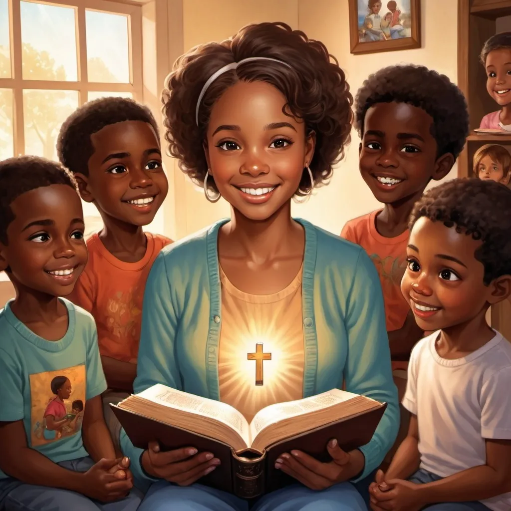 Prompt: Create an image of a beautiful lady sitting and holding a Bible and book called Devotional Comics for Children with happy black children sitting around her with Bibles and a book called Devotional Comics for Children in their hands.