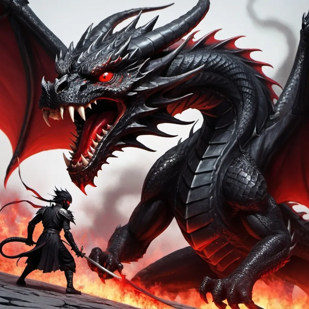 Prompt: one black  Dragons with red eyes, fighting a Human 