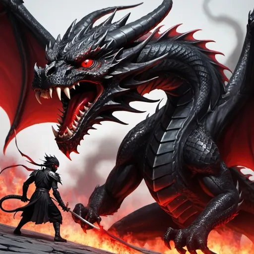 Prompt: one black  Dragons with red eyes, fighting a Human 