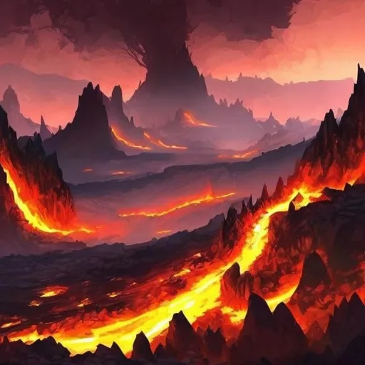 Prompt: Fantasy world, beautiful scenery, Mountains, magma veins, fire, lava pool.