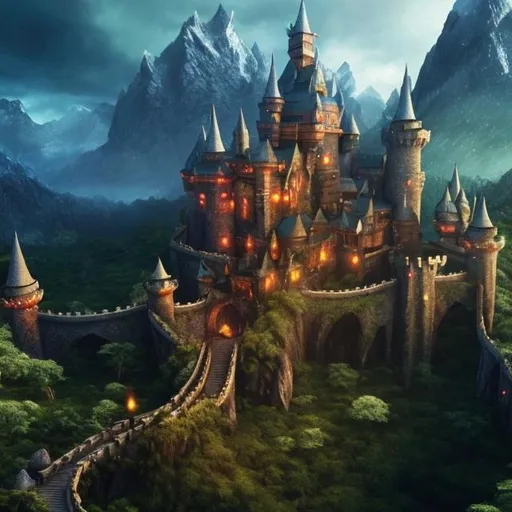 Prompt: CGI, Fantasy world, forest, castle, dragon, mountains, magic, beautiful scenery.