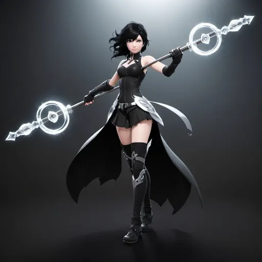 Prompt: RWBY, CGI, Staff, weapon, silver pole, black crystal, curved top, magical light, gravity dust.