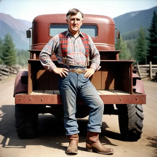 Prompt: Colour Picture of Thomas Edison in his thirties wearing a Canadian plaid shirt, jeans and cowboy boots, building a truck
