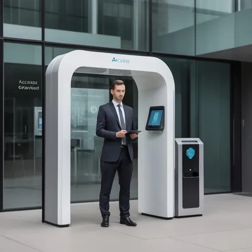 Prompt: A modern entry gate with a biometric facial recognition scanner mounted on the side. An agent, wearing an official uniform, stands in front of the scanner, and the device screen displays 'Access Granted' . The background shows a corporate building entrance with glass doors opening automatically."