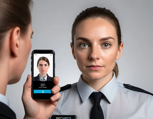 Prompt: "A security officer is using a handheld device to take a close-up photo of an agent for facial recognition. The agent stands in front of a plain background, looking straight at the camera with a neutral expression. The device screen shows a real-time capture interface with a focus box on the agent’s face. The lighting is professional and even."