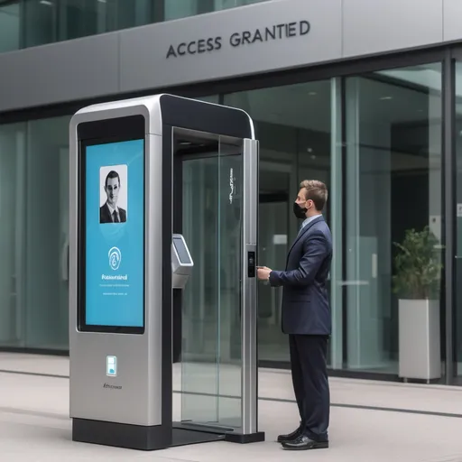 Prompt: A modern entry gate with a biometric facial recognition scanner mounted on the side. An agent, wearing an official uniform, stands in front of the scanner, and the device screen displays 'Access Granted' . The background shows a corporate building entrance with glass doors opening automatically."