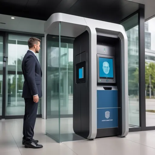 Prompt: A modern entry gate with a biometric facial recognition scanner mounted on the side. An agent, wearing an official uniform, stands in front of the scanner. The background shows a corporate building entrance with glass doors opening automatically."