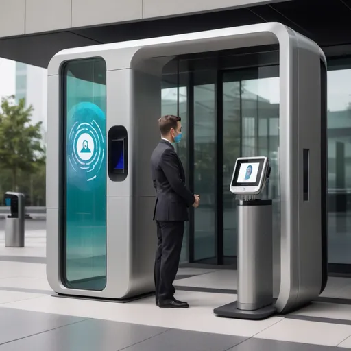 Prompt: A modern entry gate with a biometric facial recognition scanner mounted on the side. An agent, wearing an official uniform, stands in front of the scanner. The background shows a corporate building entrance with glass doors opening automatically."